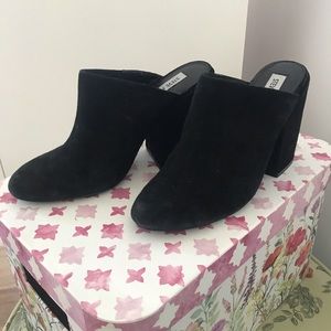 Black suede heeled mules